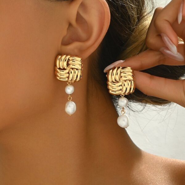 Golden Knot Pearl Drop Earrings -  Elegant And Timeless Jewelry - Image 3