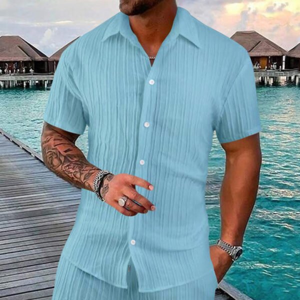 Polo Collar Solid Color Short Sleeve Button Men's Casual Loose Short Sleeves Shirt - Image 9
