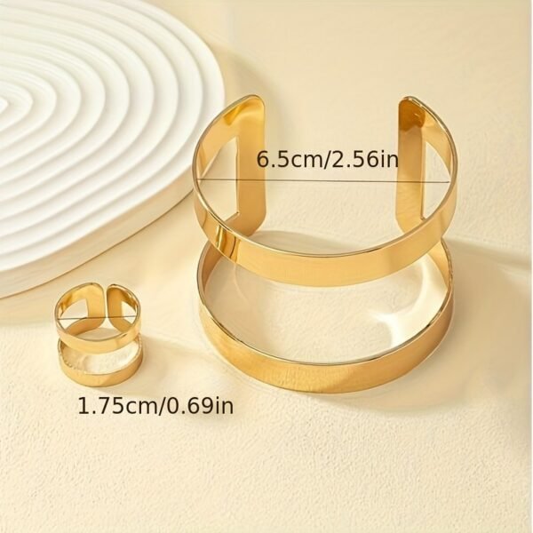 14K Gold Plated Cuff Bangle And  Ring Set - Minimalist Style - Image 4