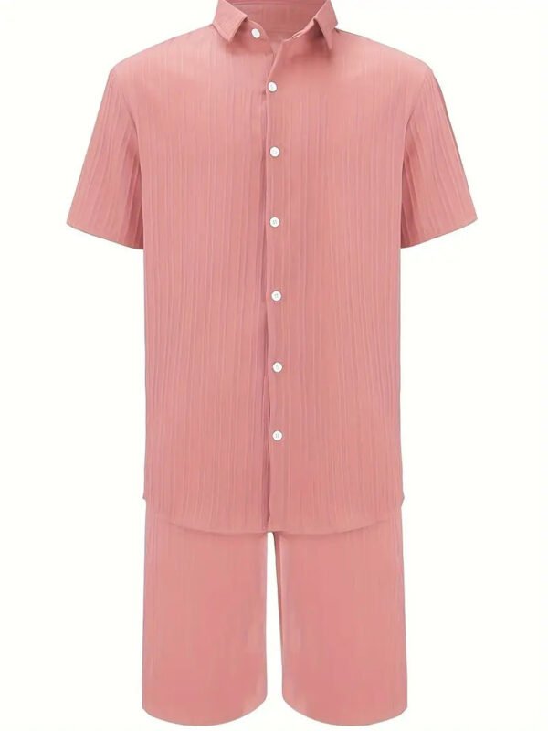 Men's Summer Two-Piece Set Casual Pleated Striped Shirt With Drawstring Shorts, Short Sleeve Workwear Outfit, Lounge Suit - Image 7
