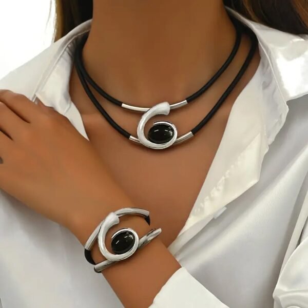Modern Elegance  Black & Silver Leather Choker Necklace And Bracelet Set - Image 4