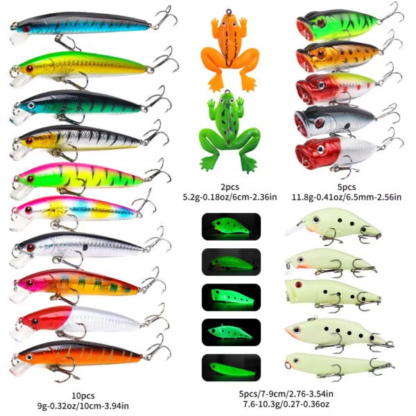 22pcs 1set Hard Lure Bait Soft Frog Popper Minnow Pencil VIB Luminous Lure Kit Durable Hooks Realistic Action Ideal - Image 3