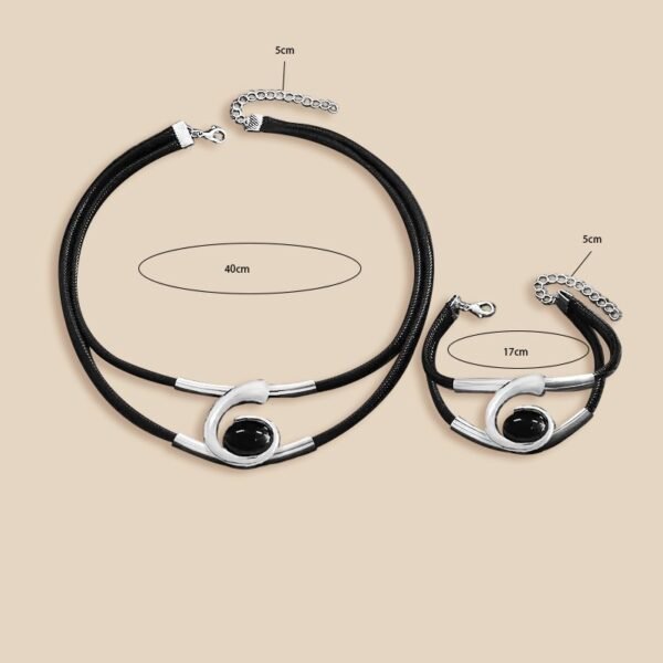 Modern Elegance  Black & Silver Leather Choker Necklace And Bracelet Set - Image 9