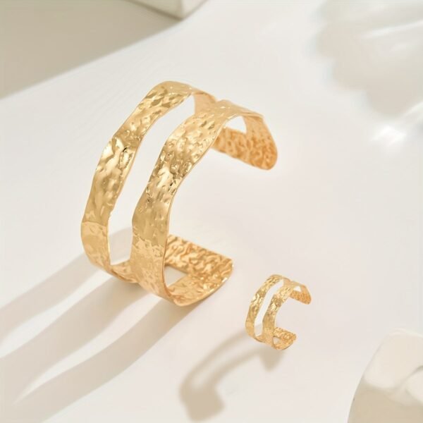 14K Gold -Toned Hammered Texture  Cuff Bracelet And Ring Set - Image 3