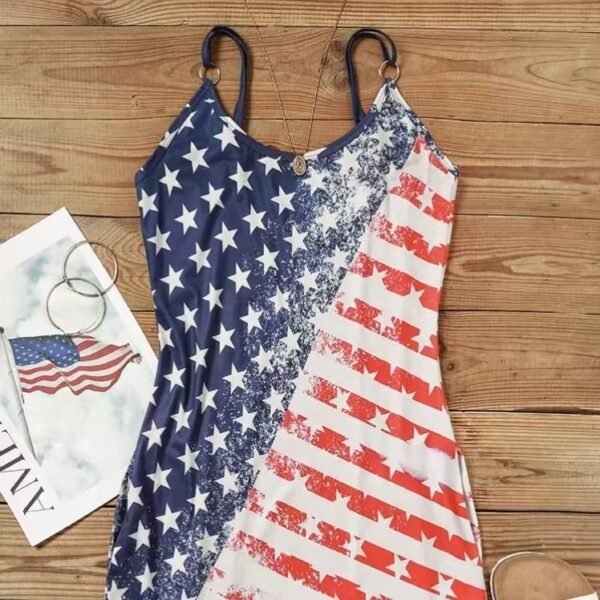 Ladies' V-neck American Flag Star Striped Pocket Shoulder Strap Mini Dress, Independence Day Dress - Image 2