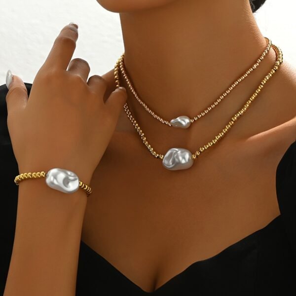 14K Golden Beaded Pearl  Necklace And Bracelet Set - Image 5