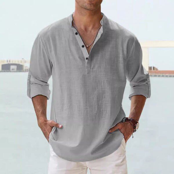 Men's Linen Stand-up Collar Long Sleeve T-shirt Loose Undershirt - Image 8