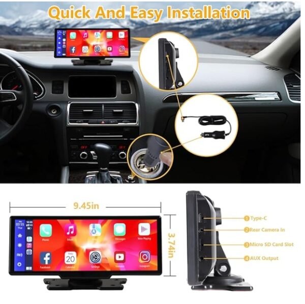 Portable Wireless Carplay With 2.5K Camera, 1080P Back Cam 9.3inches Ultra HD Android Auto Car Play Screen For Car DVR Loop Recording, Bluetooth GPS Navigation Touch Drive Screen With FM Radio System - Image 2