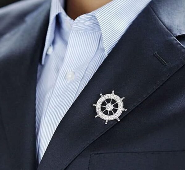 Navy Style Diamond Studded Rudder Brooch - Image 2