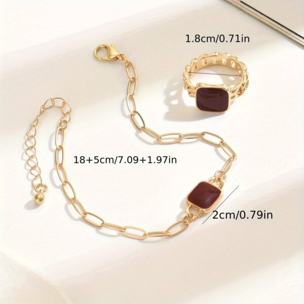 14K Gold Plated Square Agate Bracelet And  Ring Set - Luxe & Timeless Jewelry - Image 5