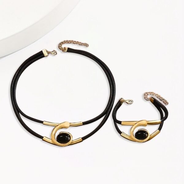 Modern Elegance  Black & Silver Leather Choker Necklace And Bracelet Set - Image 2