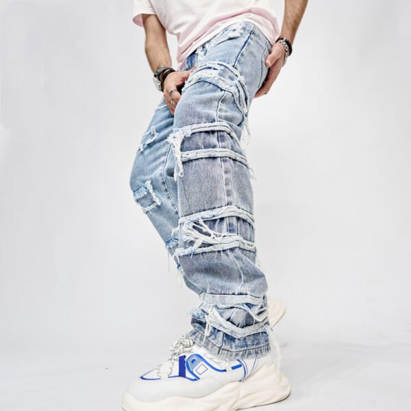 High Street Trousers Man's Pants Full Length Patched Straight Fit Men's Hip Hop Jeans - Image 5