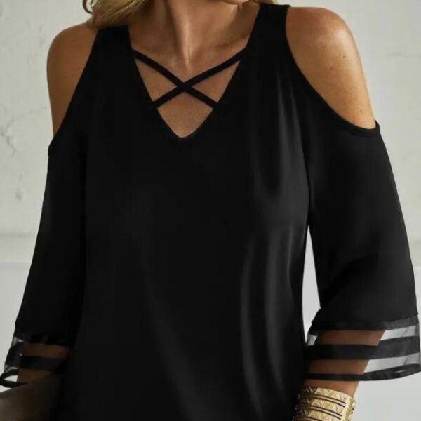 Ladies' Solid Color Collar Cross Design Off Shoulder Fashionable Casual Mid Long Sleeved T-shirt Top - Image 3