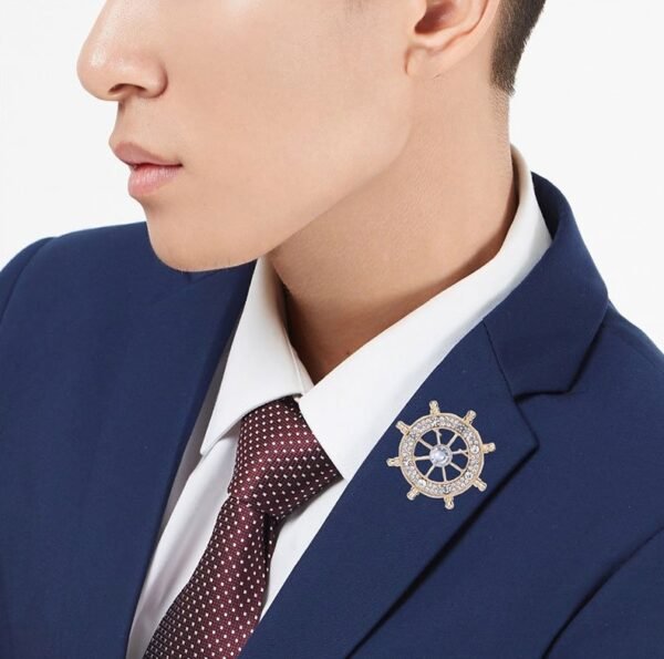 Navy Style Diamond Studded Rudder Brooch - Image 4