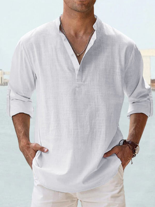 Men's Linen Stand-up Collar Long Sleeve T-shirt Loose Undershirt - Image 10