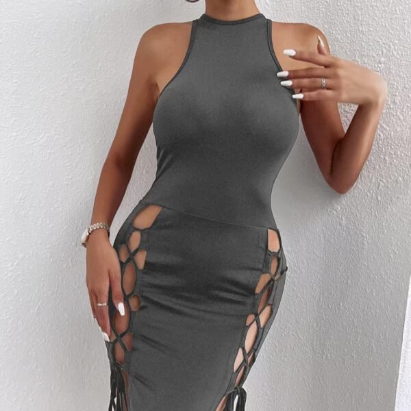 Women's Solid Color Sleeveless Skirt With Slit And Cross Tie, Sexy Tight Fitting Hip Hugging Dress, Short Skirt - Image 4