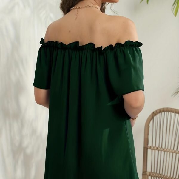 Women's Solid Color Off Shoulder Pleated Decorative Dress, One Shoulder Casual Dress - Image 3