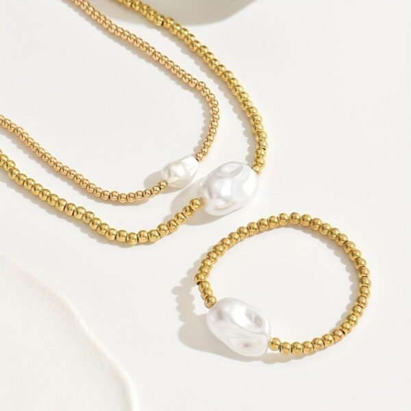 14K Golden Beaded Pearl  Necklace And Bracelet Set - Image 2