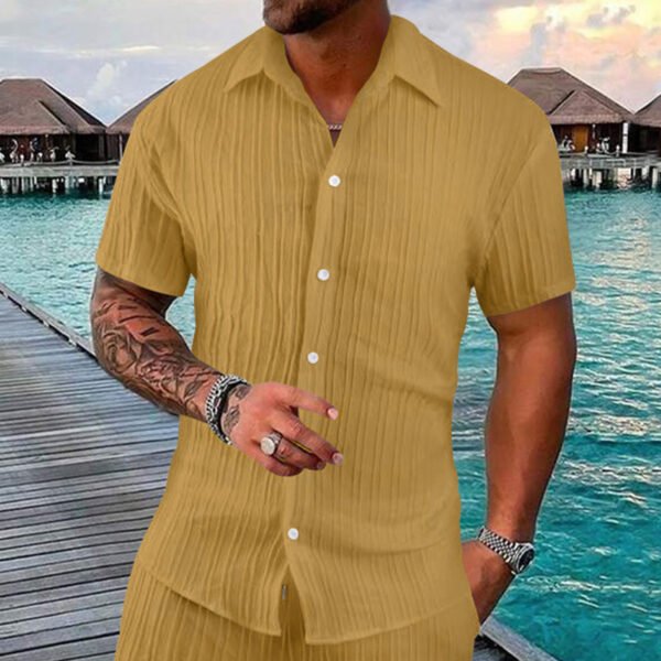 Polo Collar Solid Color Short Sleeve Button Men's Casual Loose Short Sleeves Shirt - Image 4