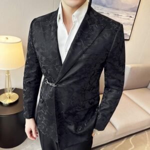 Vintage Pattern Men's Casual Suit Metal Hook Placket Closure Collar Leather Texture Suit