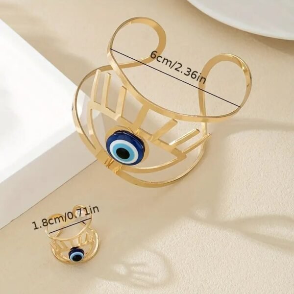 14K Gold Plated Golden Eye  Charm Bangle & Ring Set - Image 5