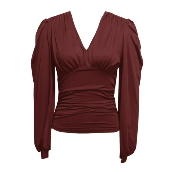 Ladies' Casual Solid Color Pleated V-neck Long Sleeved T-shirt - Image 3