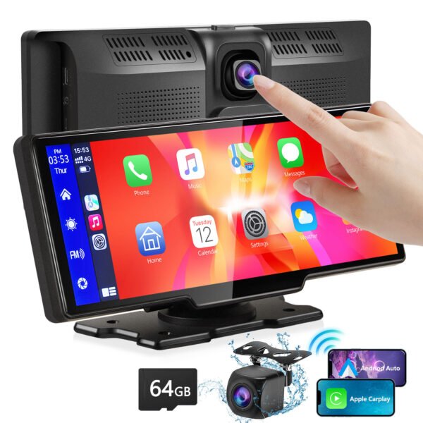 Portable Wireless Carplay With 2.5K Camera, 1080P Back Cam 9.3inches Ultra HD Android Auto Car Play Screen For Car DVR Loop Recording, Bluetooth GPS Navigation Touch Drive Screen With FM Radio System - Image 4
