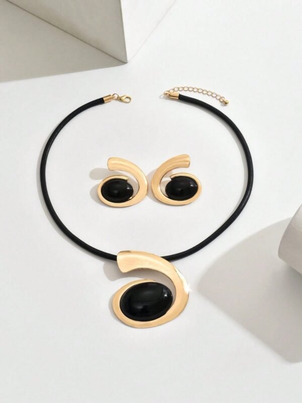 14K Gold Plated Black Onyx Swirl Choker Necklace And Earrings Set - Image 6