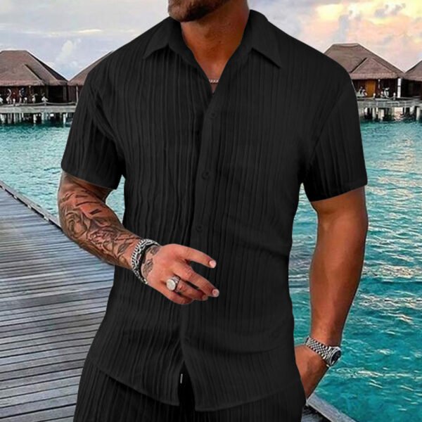 Polo Collar Solid Color Short Sleeve Button Men's Casual Loose Short Sleeves Shirt - Image 8