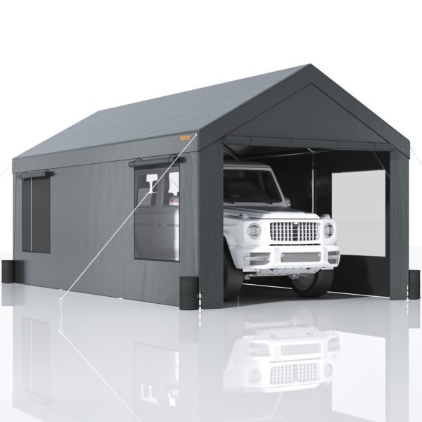 VEVOR Carport, Heavy Duty 12x20ft Car Canopy, Outdoor Garage Shelter With Removable Sidewalls, Roll-up Ventilated Windows & Door, UV Resistant Tarp For Car, Truck, Boat, Darkgray - Image 2