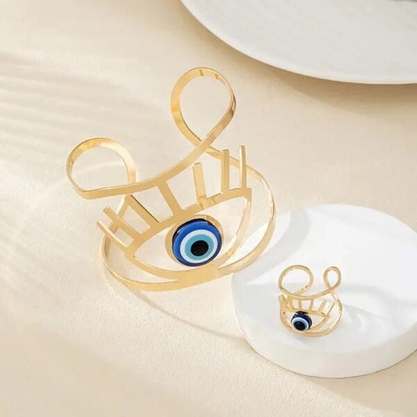 14K Gold Plated Golden Eye  Charm Bangle & Ring Set - Image 2