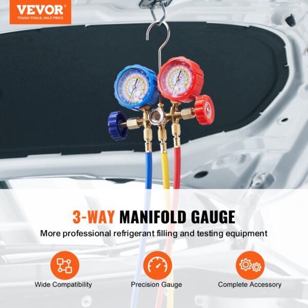 VEVOR AC Gauge Set - 3 Way AC Manifold Gauge Set For R134A R22 R12 R502 Refrigerant, Freon Gauges With 5ft Hoses, Couplers, Can Tap Works On Car Auto Freon Charging And Evacuation - Image 2