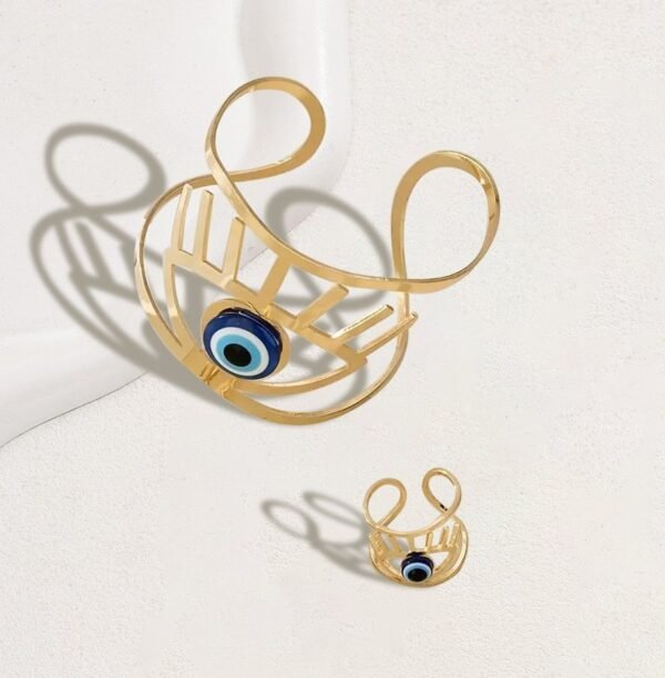14K Gold Plated Golden Eye  Charm Bangle & Ring Set - Image 3