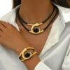 Modern Elegance  Black & Silver Leather Choker Necklace And Bracelet Set - Image 6