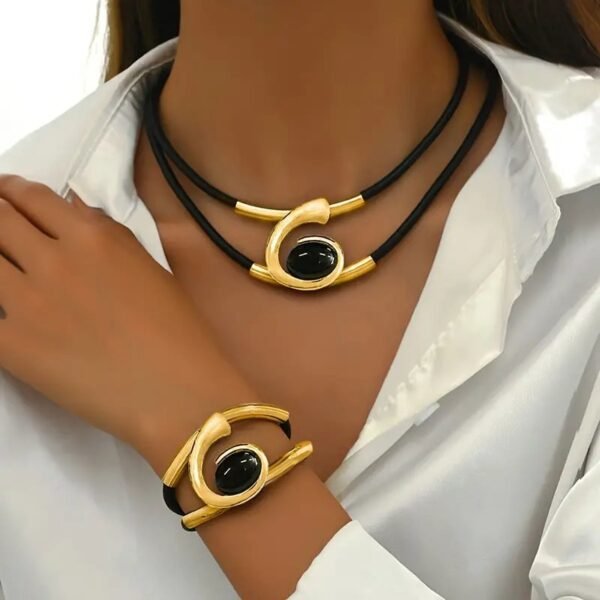 Modern Elegance  Black & Silver Leather Choker Necklace And Bracelet Set - Image 6