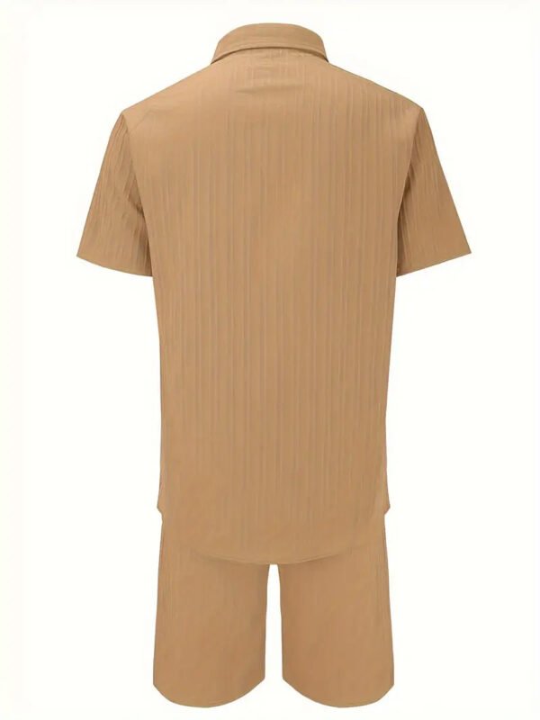 Men's Summer Two-Piece Set Casual Pleated Striped Shirt With Drawstring Shorts, Short Sleeve Workwear Outfit, Lounge Suit - Image 9