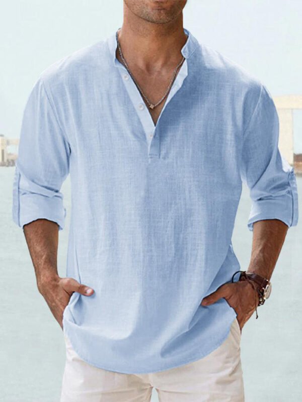 Men's Linen Stand-up Collar Long Sleeve T-shirt Loose Undershirt - Image 4