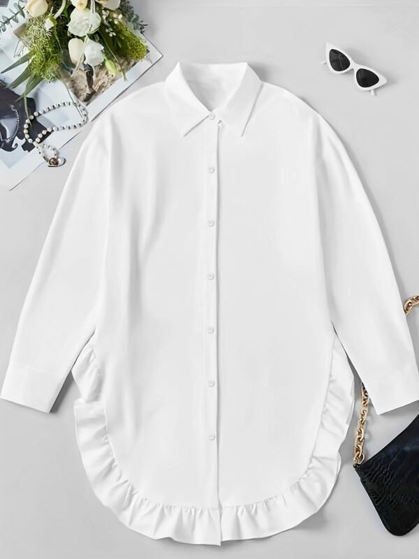 Hem Ruffled Casual Long Sleeve Shirt - Image 3