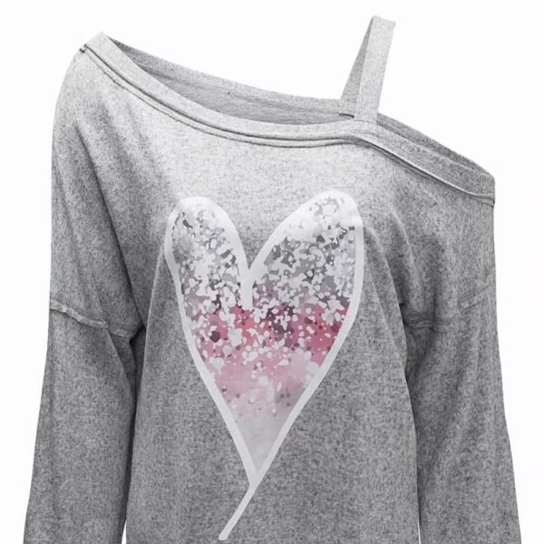 Ladies' Heart-shaped Cherry Blossom Graphic Print Asymmetric Dewdrop Shoulder Top Long Sleeved Shirt - Image 3