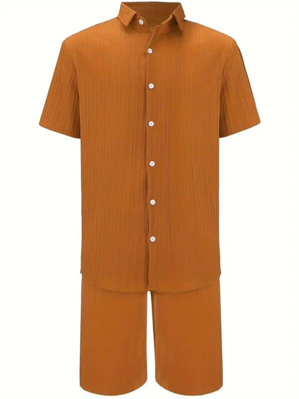 Men's Summer Two-Piece Set Casual Pleated Striped Shirt With Drawstring Shorts, Short Sleeve Workwear Outfit, Lounge Suit - Image 8