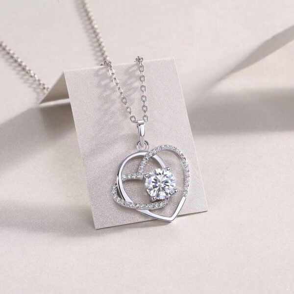 Heart To Heart Interlocking Luxury Fashion Diamond Pendant Necklace Set With Mosan Diamond Silver Ornaments - Image 2