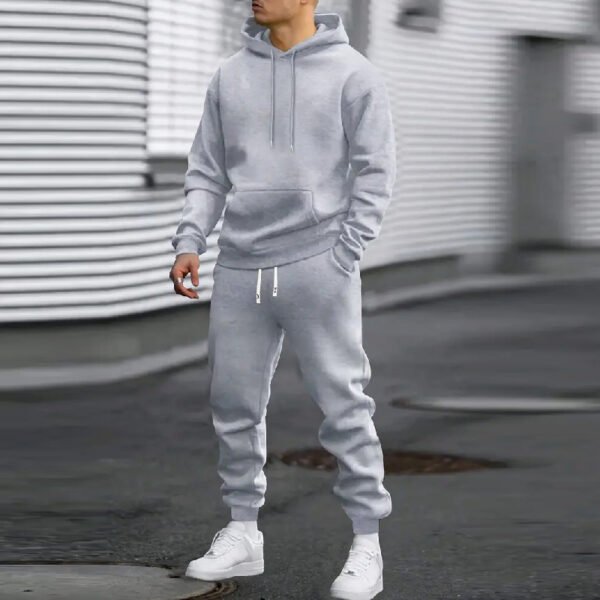 Men's Casual Sports Suit Solid Color Hoodie With Gridles Pants - Image 3
