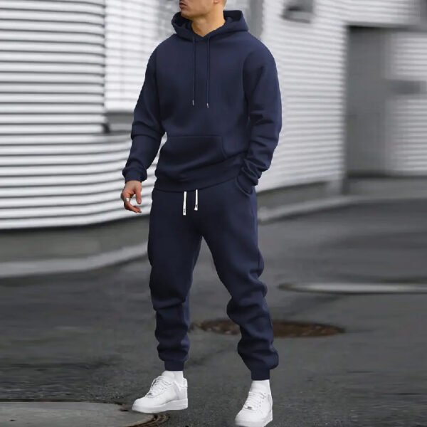 Men's Casual Sports Suit Solid Color Hoodie With Gridles Pants - Image 2