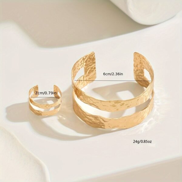 14K Gold -Toned Hammered Texture  Cuff Bracelet And Ring Set - Image 4