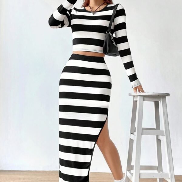 Ladies' Fashion Striped Printed Long Sleeved Top With Slit Skirt - Image 4