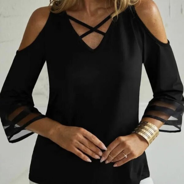 Ladies' Solid Color Collar Cross Design Off Shoulder Fashionable Casual Mid Long Sleeved T-shirt Top