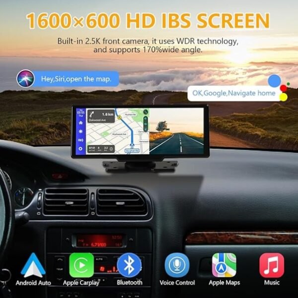 Portable Wireless Carplay With 2.5K Camera, 1080P Back Cam 9.3inches Ultra HD Android Auto Car Play Screen For Car DVR Loop Recording, Bluetooth GPS Navigation Touch Drive Screen With FM Radio System - Image 3