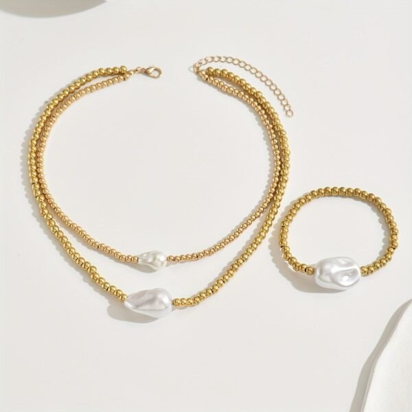 14K Golden Beaded Pearl  Necklace And Bracelet Set - Image 4