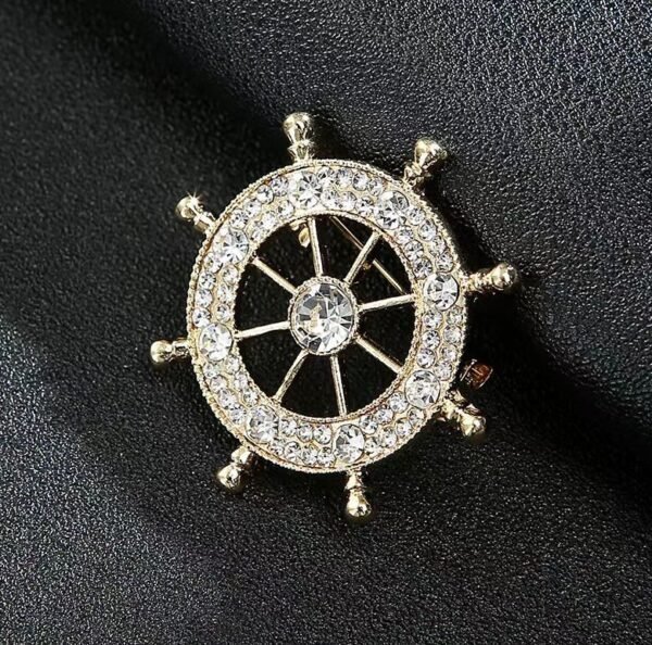 Navy Style Diamond Studded Rudder Brooch - Image 3