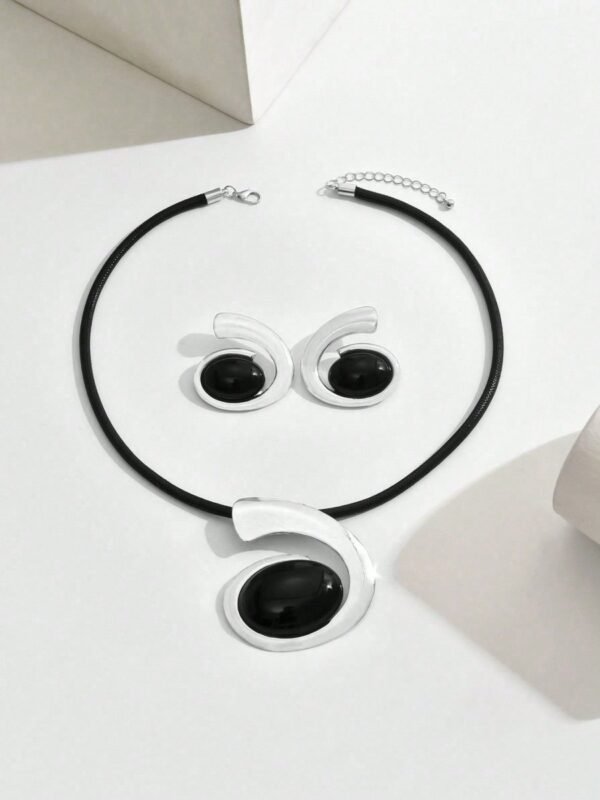 14K Gold Plated Black Onyx Swirl Choker Necklace And Earrings Set - Image 3
